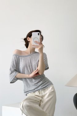 Loose Oversized Asymmetrical Off-Shoulder T-Shirt for Women - Tencel Slightly Sheer Summer Top, Versatile Short Sleeve Style