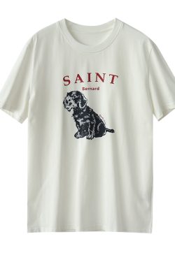 Loose Pure Cotton T-Shirt with Hand-Drawn St. Bernard Dog Print, Round Neck, Short Sleeves, 2024 Summer Style