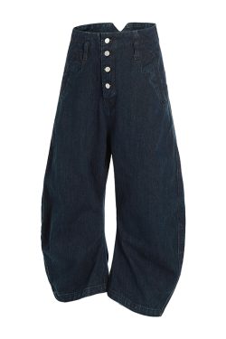 Loose Wide-Leg Jeans with Button Decoration in Raw Fabric - Trendy Machete Pants for Effortless Style and Comfort