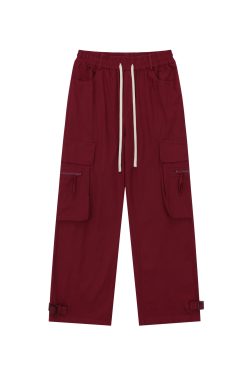 Loose Wide-Leg Red Cargo Pants for Men and Women - Trendy American Street Style Floor-Length Trousers for Street Dance Fashion