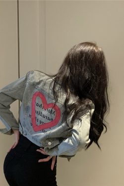 Love Heart Graffiti Denim Jacket for Women - Short Spring Style, Perfect for Petite Sweet and Spicy Girls, Y2K Fashion