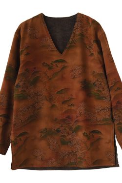 Luxury Heavyweight Xiangyun Silk V-Neck Reversible Long Sleeve Shirt - Retro National Style Chinese Long Top