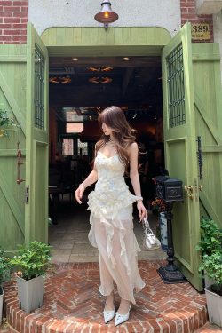 Luxury Korean Women's Floral Lace Slip Dress - Waist-Defining Slimming Long Dress for Summer Elegance