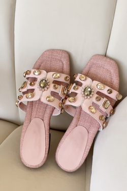 Luxury Women's Sheepskin Outdoor Slippers with Metal Rivets, Square Open Toe - Stylish and Comfortable Summer Sandals