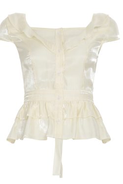 Medieval French Style Sweet Sexy V-Neck T-Shirt with Ruffled Waist – Versatile Fashion Top for Y2K and Boho Looks