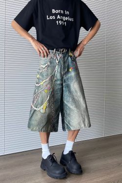 Men's 3D Digital Printed Denim Shorts - Retro Summer Vibe Streetwear, Loose Fit Cropped Pants for Casual Style
