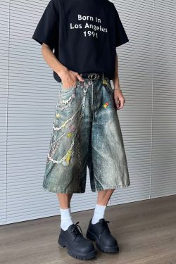 Men's 3D Digital Printed Denim Shorts - Retro Summer Vibe Streetwear, Loose Fit Cropped Pants for Casual Style