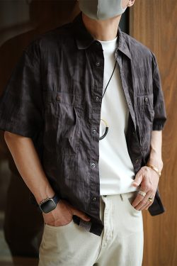 Men's American High Street Minimalist Short Sleeve Shirt with Large Pockets - Trendy Functional Summer Collar Top