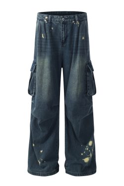 Men's American Street Style Spray Paint Workwear Jeans, Wide-Leg Straight Pants with Large Pockets, High Street Fashion