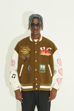 Men's American-Style Baseball Jacket with Graffiti Smiley Face Heart Embroidery and Leather Sleeves, Trendy Urban Fashion Outerwear
