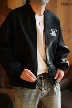 Men's American Style Heavyweight Letter Embroidery Baseball Jacket - Trendy Spring Autumn Zip-Up Sweatshirt with Stand-Up Collar
