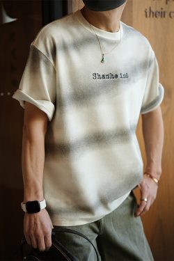 Men's American-Style High Street Letter Print Washed Gradient Short-Sleeve T-Shirt, Trendy Round-Neck Top for Spring Fashion