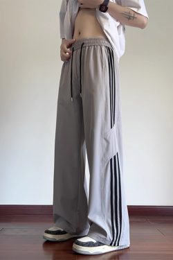 Men's American-Style Striped Wide-Leg Work Pants for Spring & Summer, Trendy High Street Casual Dance Wear, Sporty Straight-Leg Design
