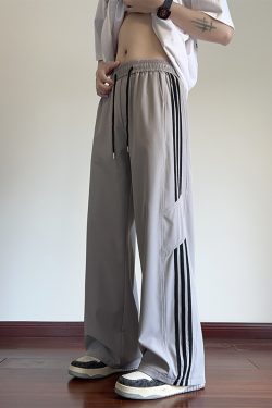 Men's American-Style Striped Wide-Leg Work Pants for Spring & Summer, Trendy High Street Casual Dance Wear, Sporty Straight-Leg Design
