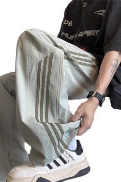 Men's American-Style Striped Wide-Leg Work Pants for Spring & Summer, Trendy High Street Casual Dance Wear, Sporty Straight-Leg Design