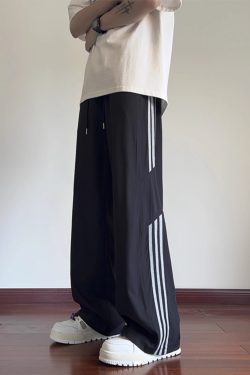 Men's American-Style Striped Wide-Leg Work Pants for Spring & Summer, Trendy High Street Casual Dance Wear, Sporty Straight-Leg Design