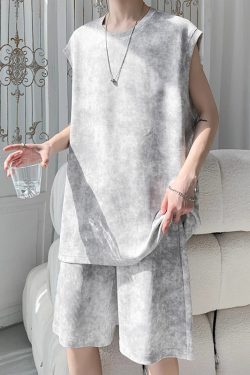 Men's American-Style Tie-Dye Sports Suit - Summer Ice Silk Breathable Casual Loose Basketball Vest & Trendy Fitness Shorts