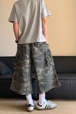 Men's and Women's Summer American Retro Camouflage Multi-Pocket Denim Shorts, Casual Loose Straight 7-Point Pants