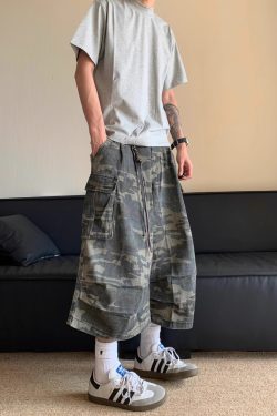 Men's and Women's Summer American Retro Camouflage Multi-Pocket Denim Shorts, Casual Loose Straight 7-Point Pants