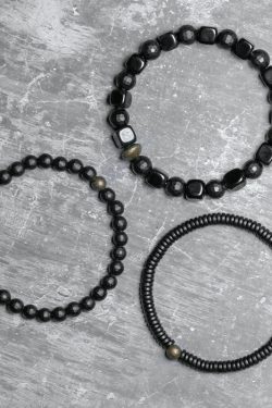 Men's Black Agate and Obsidian Beaded Bracelet Set - Versatile Three-Piece Street Style Accessory