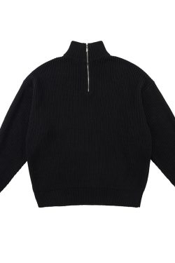 Men's Black Half-Zip High Neck Sweatshirt - Roaring Beast Design, Warm Knitted Sweater for Autumn Winter, Trendy 90s Style