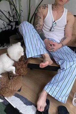 Men's Blue Striped Wide-Leg Long Pants - Casual Summer Loose BF Style for Home and Walking, Versatile Lightweight Trousers