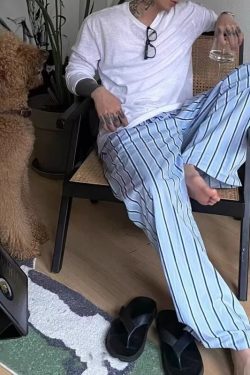Men's Blue Striped Wide-Leg Long Pants - Casual Summer Loose BF Style for Home and Walking, Versatile Lightweight Trousers