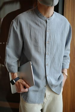Men's Chinese-Style Minimalist Linen Shirt, Stand-Collar, Seven-Point Sleeve, Solid Color, Summer Trendy Top