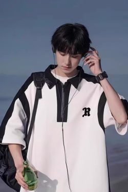 Men's Color-Blocking Polo Shirt - Casual Short Sleeve Half-Zip T-Shirt with Loose Fit for Summer, American Style Fashion.