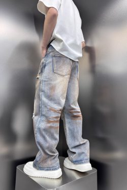 Men's Distressed Vintage Tie-Dye Baggy Denim Pants, Stylish High Street Summer Straight Leg Trousers, 2025 Trendy Fashion