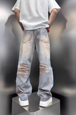 Men's Distressed Vintage Tie-Dye Baggy Denim Pants, Stylish High Street Summer Straight Leg Trousers, 2025 Trendy Fashion