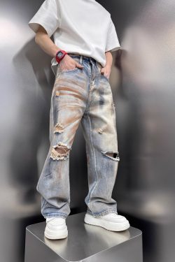 Men's Distressed Vintage Tie-Dye Baggy Denim Pants, Stylish High Street Summer Straight Leg Trousers, 2025 Trendy Fashion