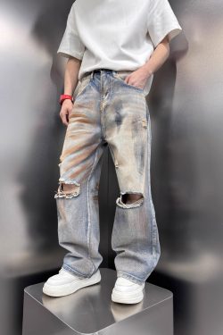 Men's Distressed Vintage Tie-Dye Baggy Denim Pants, Stylish High Street Summer Straight Leg Trousers, 2025 Trendy Fashion