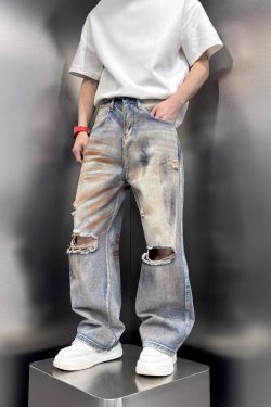 Men's Distressed Vintage Tie-Dye Baggy Denim Pants, Stylish High Street Summer Straight Leg Trousers, 2025 Trendy Fashion