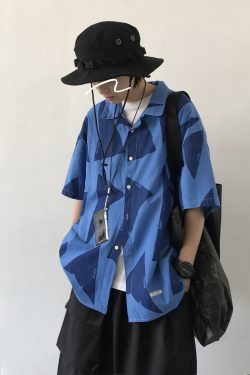 Men's Hawaiian Style Blue Short-Sleeve Shirt - Trendy Color-Blocked Print, Five-Point Sleeve, Casual Fashion, Summer Vibes