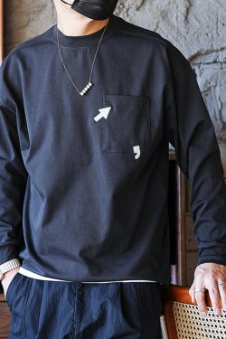 Men's Hong Kong Style Creative Embroidery Cotton T-Shirt - Loose Heavyweight Long Sleeve Round Neck Top for Autumn Fashion
