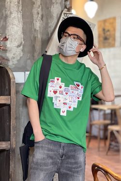 Men's Japanese Style Pure Cotton Round Neck Short Sleeve T-Shirt with Heart Patch - Trendy Loose Fit for Spring/Summer Fashion
