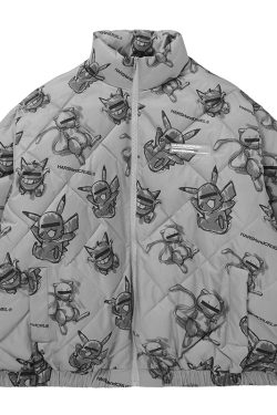Men's Loose Cotton Jacket with Hand-Drawn Pokémon Print, Diamond Quilted Street Fashion Style