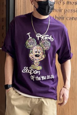 Men's Mickey Heavy Embroidery Short-Sleeve T-Shirt - Trendy Loose Fit Summer Tee with Flocked Design, American High Street Style