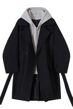 Men's Mid-Length Hooded Windbreaker Coat - Trendy Korean Style Faux Two-Piece Over-Knee Jacket for Autumn & Winter Fashion