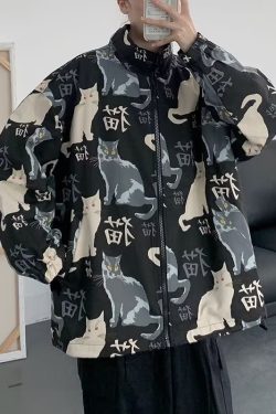 Men's Oversized Cat Print Jacket with Stand Collar - Youthful Korean Style Punk Coat for Spring and Autumn