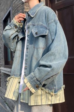 Men's Retro American-Style Striped Splicing Denim Jacket - Korean-Inspired Two-Piece Look, High-End Fashion
