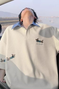 Men's Sausage Dog Embroidered Polo Shirt - Summer Loose Fit Plus Size Short Sleeve Tee in Casual Lazy Style