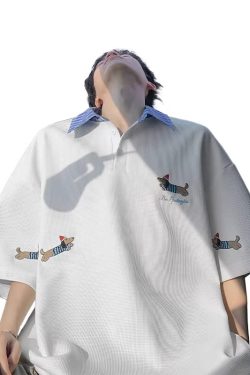 Men's Sausage Dog Embroidered Polo Shirt - Summer Loose Fit Plus Size Short Sleeve Tee in Casual Lazy Style