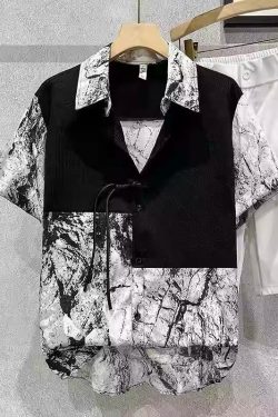 Men's Spliced Short-Sleeve Ice Silk Shirt, Trendy Ink Wash Print, Summer Chinese Style Top, Modern Casual Fashion for Men