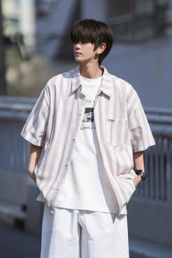 Men's Striped Short Sleeve Shirt - Trendy Summer Casual, Loose Fit, Wrinkle-Free, Sun Protection, American Style
