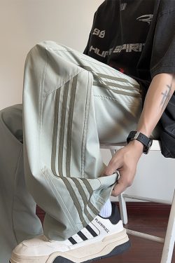 Men's Striped Work Pants - High Street Casual Wide-Leg Sports Trousers for Spring/Summer - Trendy American Style Street Dance Fashion