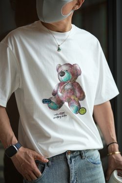 Men's Summer Cartoon Hand-Drawn Bear Print Cotton Short Sleeve T-Shirt with Letter Embroidery, Trendy Casual Style