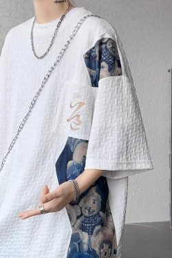 Men's Summer Chinese-Style Bear Short Sleeve T-Shirt, Trendy Textured Loose Fit, National Style, Youthful Fashion