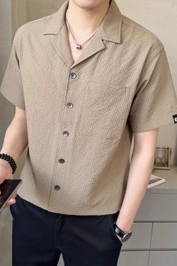 Men's Summer Ice Silk Short Sleeve Shirt - Loose Cuban Collar, High-Quality Solid Color Half Sleeve Top, Casual Jacket for Y2K Style